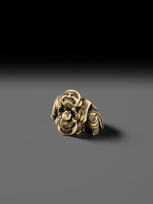 Lot 128 - MASATOMO: AN AMUSING OSAKA SCHOOL IVORY NETSUKE OF A KARAKO PLUCKING HOTEI’S BEARD