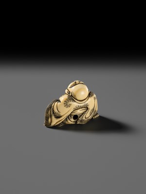 Lot 128 - MASATOMO: AN AMUSING OSAKA SCHOOL IVORY NETSUKE OF A KARAKO PLUCKING HOTEI’S BEARD