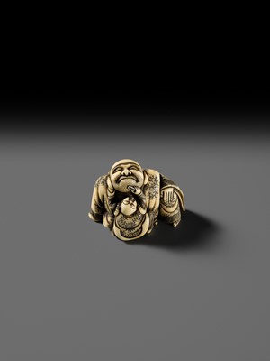 Lot 128 - MASATOMO: AN AMUSING OSAKA SCHOOL IVORY NETSUKE OF A KARAKO PLUCKING HOTEI’S BEARD