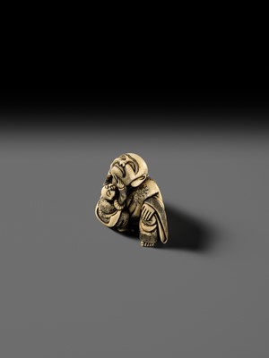 Lot 128 - MASATOMO: AN AMUSING OSAKA SCHOOL IVORY NETSUKE OF A KARAKO PLUCKING HOTEI’S BEARD