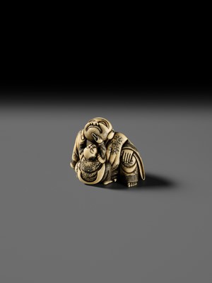 Lot 128 - MASATOMO: AN AMUSING OSAKA SCHOOL IVORY NETSUKE OF A KARAKO PLUCKING HOTEI’S BEARD