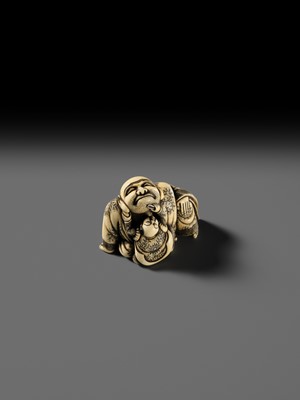 Lot 128 - MASATOMO: AN AMUSING OSAKA SCHOOL IVORY NETSUKE OF A KARAKO PLUCKING HOTEI’S BEARD