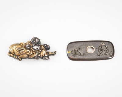 Lot 1967 - A GROUP OF A MENUKI AND A PLAQUE WITH STORIES OF HOTEI