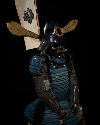 Lot 134 - A NIMAI-DO GUSOKU (TWO-PIECE CUIRASS ARMOR) WITH A TOKAN-NARI KABUTO AND KIRI MON BANNER