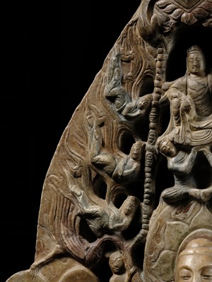 A MONUMENTAL PAINTED MARBLE VOTIVE STELE OF BUDDHA SHAKYAMUNI AND PRABHUTARATNA, LATE MING TO EARLY QING DYNASTY