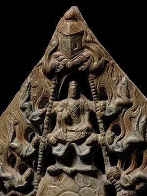 A MONUMENTAL PAINTED MARBLE VOTIVE STELE OF BUDDHA SHAKYAMUNI AND PRABHUTARATNA, LATE MING TO EARLY QING DYNASTY