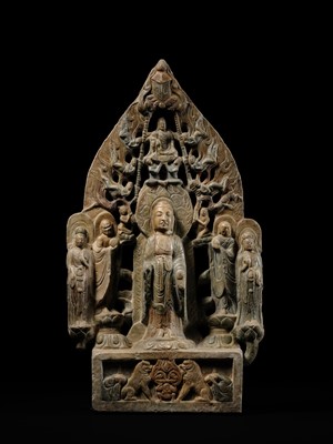 A MONUMENTAL PAINTED MARBLE VOTIVE STELE OF BUDDHA SHAKYAMUNI AND PRABHUTARATNA, LATE MING TO EARLY QING DYNASTY