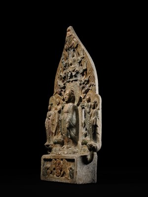 A MONUMENTAL PAINTED MARBLE VOTIVE STELE OF BUDDHA SHAKYAMUNI AND PRABHUTARATNA, LATE MING TO EARLY QING DYNASTY