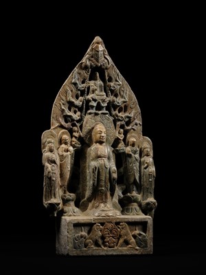 A MONUMENTAL PAINTED MARBLE VOTIVE STELE OF BUDDHA SHAKYAMUNI AND PRABHUTARATNA, LATE MING TO EARLY QING DYNASTY