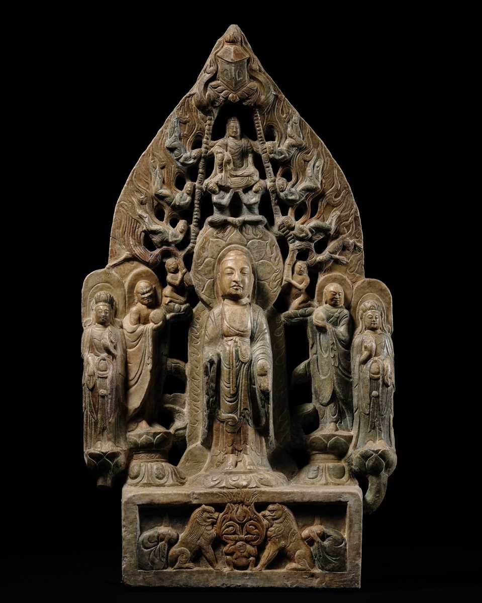 A MONUMENTAL PAINTED MARBLE VOTIVE STELE OF BUDDHA SHAKYAMUNI AND PRABHUTARATNA, LATE MING TO EARLY QING DYNASTY