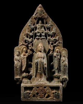 Lot 52 - A MONUMENTAL PAINTED MARBLE VOTIVE STELE OF BUDDHA SHAKYAMUNI AND PRABHUTARATNA, LATE MING TO EARLY QING DYNASTY