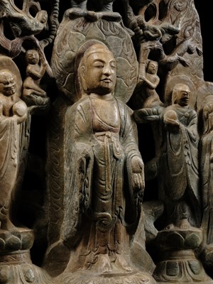 A MONUMENTAL PAINTED MARBLE VOTIVE STELE OF BUDDHA SHAKYAMUNI AND PRABHUTARATNA, LATE MING TO EARLY QING DYNASTY