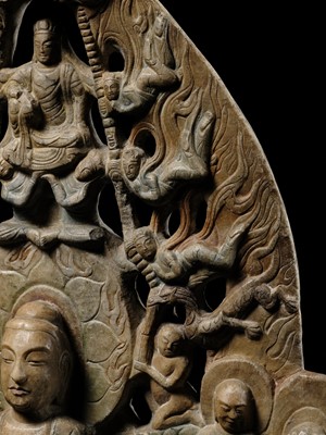 A MONUMENTAL PAINTED MARBLE VOTIVE STELE OF BUDDHA SHAKYAMUNI AND PRABHUTARATNA, LATE MING TO EARLY QING DYNASTY