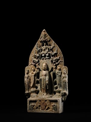 A MONUMENTAL PAINTED MARBLE VOTIVE STELE OF BUDDHA SHAKYAMUNI AND PRABHUTARATNA, LATE MING TO EARLY QING DYNASTY