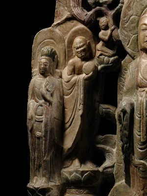 A MONUMENTAL PAINTED MARBLE VOTIVE STELE OF BUDDHA SHAKYAMUNI AND PRABHUTARATNA, LATE MING TO EARLY QING DYNASTY