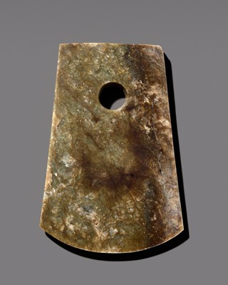 A MOTTLED GREEN AND BROWN JADE CEREMONIAL AXE (YUE), NEOLITHIC PERIOD, LIANGZHU CULTURE