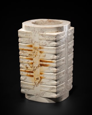 A MAGNIFICENT FIVE-TIERED MOTTLED JADE RITUAL TUBE (CONG), LATE NEOLITHIC PERIOD, LIANGZHU CULTURE