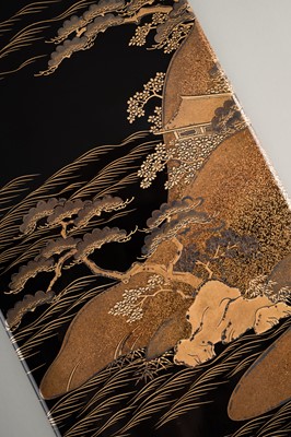 Lot 124 - A LACQUER TANZAKU-BAKO (POEM-CARD BOX) DEPICTING A LANDSCAPE