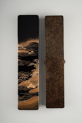 Lot 124 - A LACQUER TANZAKU-BAKO (POEM-CARD BOX) DEPICTING A LANDSCAPE