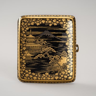 Lot 38 - KOMAI: A GOLD INLAID IRON CIGARETTE CASE WITH A LANDSCAPE, c. 1900s