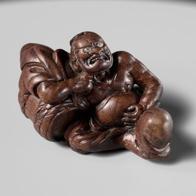 Lot 214 - MIWA: A POWERFUL WOOD NETSUKE OF ASAHINA SABURO