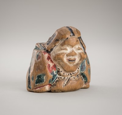 Lot 1241 - A SIGNED POLYCHROME WOOD NETSUKE OF OKAME