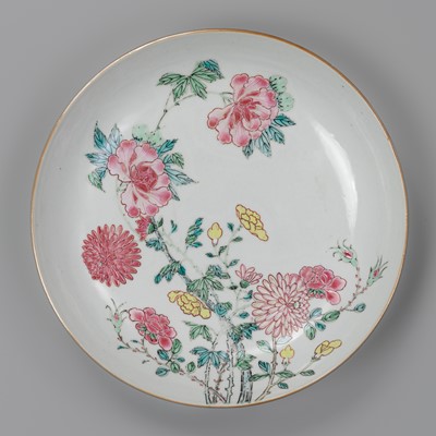 Lot 280 - A FAMILLE ROSE ‘CHRYSANTHEMUMS AND ROSES’ DISH WITH AN ENGRAVED JOHANNEUM MARK, YONGZHENG PERIOD