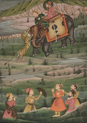 Lot 366 - A LARGE MUGHAL PAINTING OF AN IMPERIAL TIGER HUNT, 19TH CENTURY