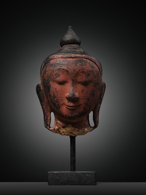 Lot 254 - A RED LACQUERED ALABASTER HEAD OF BUDDHA AMITABHA, SHAN STYLE, 18TH CENTURY
