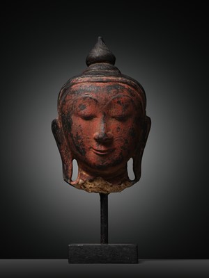 Lot 254 - A RED LACQUERED ALABASTER HEAD OF BUDDHA AMITABHA, SHAN STYLE, 18TH CENTURY