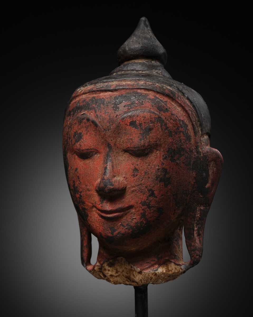 Lot 254 - A RED LACQUERED ALABASTER HEAD OF BUDDHA AMITABHA, SHAN STYLE, 18TH CENTURY