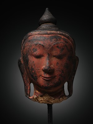 Lot 254 - A RED LACQUERED ALABASTER HEAD OF BUDDHA AMITABHA, SHAN STYLE, 18TH CENTURY