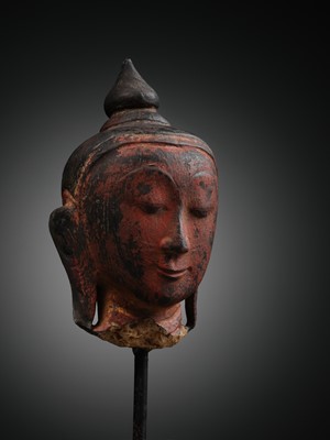 Lot 254 - A RED LACQUERED ALABASTER HEAD OF BUDDHA AMITABHA, SHAN STYLE, 18TH CENTURY
