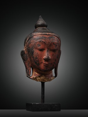 Lot 254 - A RED LACQUERED ALABASTER HEAD OF BUDDHA AMITABHA, SHAN STYLE, 18TH CENTURY
