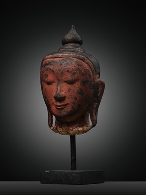 Lot 254 - A RED LACQUERED ALABASTER HEAD OF BUDDHA AMITABHA, SHAN STYLE, 18TH CENTURY