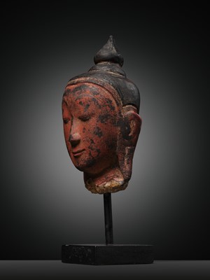 Lot 254 - A RED LACQUERED ALABASTER HEAD OF BUDDHA AMITABHA, SHAN STYLE, 18TH CENTURY
