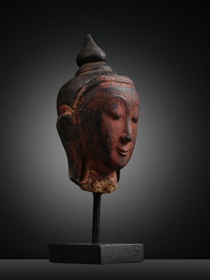 Lot 254 - A RED LACQUERED ALABASTER HEAD OF BUDDHA AMITABHA, SHAN STYLE, 18TH CENTURY