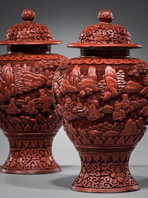 Lot 103 - A PAIR OF CINNABAR LACQUER BALUSTER VASES, LATE QING DYNASTY