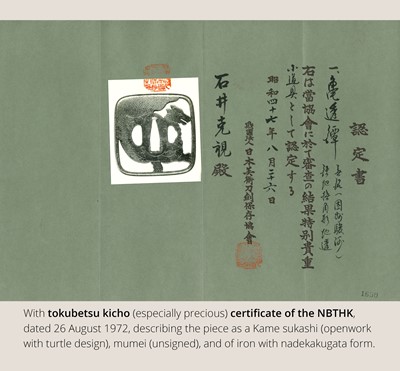 Lot 548 - AN IRON SUKASHI TSUBA OF A MINOGAME, WITH NBTHK TOKUBETSU KICHO CERTIFICATE