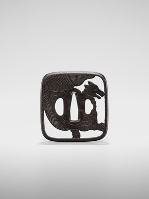 Lot 548 - AN IRON SUKASHI TSUBA OF A MINOGAME, WITH NBTHK TOKUBETSU KICHO CERTIFICATE