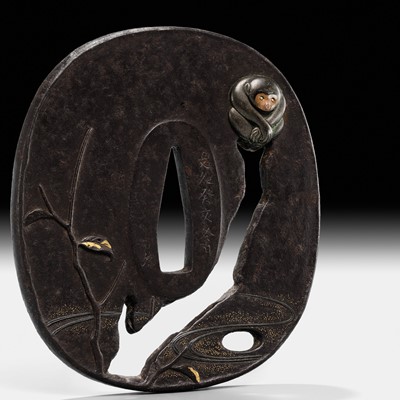 Lot 60 - AN IRON SUKASHI TSUBA WITH MONKEY, DATED 1863