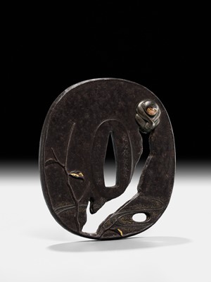Lot 60 - AN IRON SUKASHI TSUBA WITH MONKEY, DATED 1863