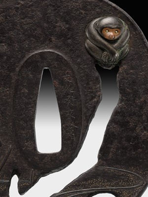 Lot 60 - AN IRON SUKASHI TSUBA WITH MONKEY, DATED 1863