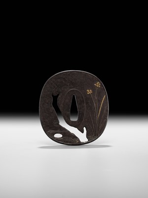 Lot 60 - AN IRON SUKASHI TSUBA WITH MONKEY, DATED 1863