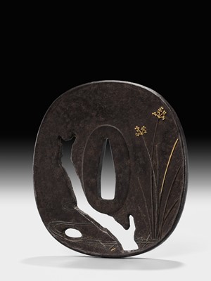 Lot 60 - AN IRON SUKASHI TSUBA WITH MONKEY, DATED 1863