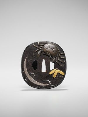 Lot 66 - A SUPERB IRON TSUBA WITH A CRAB AND THE REFLECTION OF A CRESCENT MOON