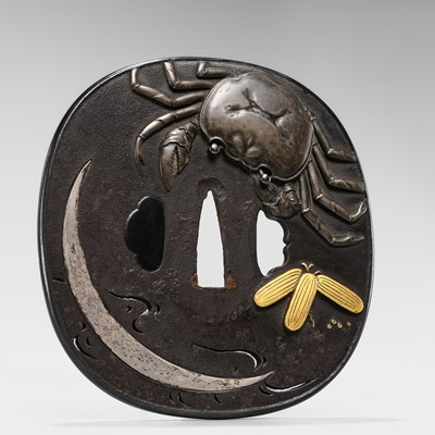 Lot 66 - A SUPERB IRON TSUBA WITH A CRAB AND THE REFLECTION OF A CRESCENT MOON