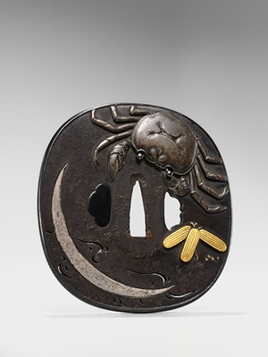 Lot 66 - A SUPERB IRON TSUBA WITH A CRAB AND THE REFLECTION OF A CRESCENT MOON