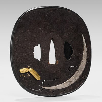 Lot 66 - A SUPERB IRON TSUBA WITH A CRAB AND THE REFLECTION OF A CRESCENT MOON