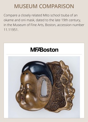 Lot 70 - SEIRYUKEN HIDENOBU: A LARGE AND SUPERB SENTOKU AND SUAKA MITO SCHOOL ‘ONI AND OBESHIMI MASK’ TSUBA